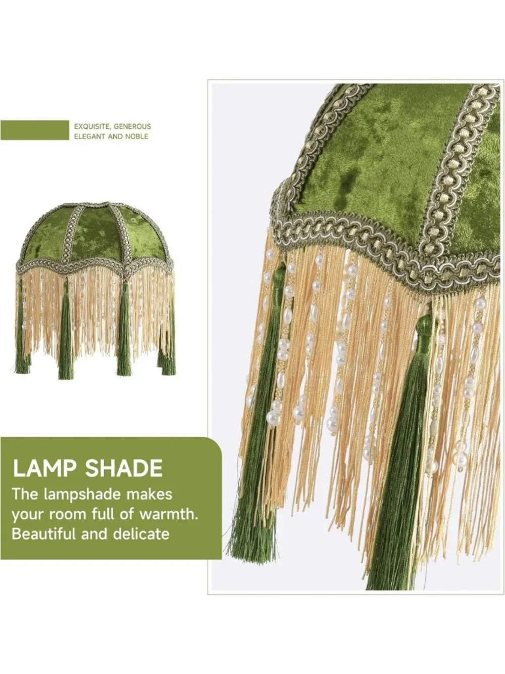 Victorian Style Bell Lampshade with Tassels, Velvet Top, Olive Green, 9.8” Width